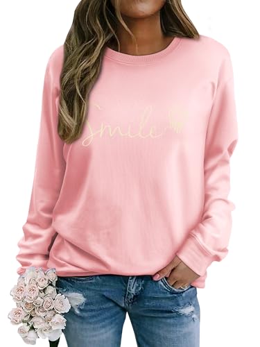 WIEIYM Women's Sweatshirts Smile Sweatshirt Cotton Graphic Crewneck Sweatshirt Funny Long Sleeve Tops Basic Pullover for Spring Autumn Winter Pink
