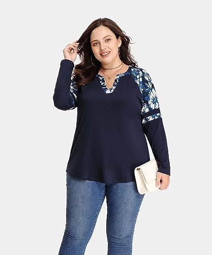 Image of CARCOS Plus Size Tops for Women Long Sleeve Fall Tunic Color Block Camo /Plaid /Leopard /Fall Blouse Crewneck Tshirt XL-5XL
