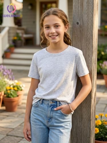 Image of WELAKEN Girls Soft T-Shirt with Curved Hem, Breathable Stretchy Rayon Crewneck Short Sleeve Tees, Kids Everyday Basic Top