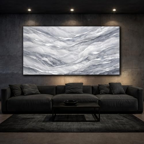 Tableau abstrait abstract marble waves grey silver déco murale horizontale - 2