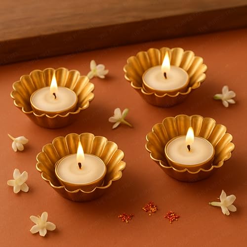 Image of The Purple Tree Lumina Gold Tealight Candle Holders for Diwali Decoration | Pack of 4 Premium Metal DiyaTealight Holders | Festive Home Decor, Wedding, Puja, Party & Gifting, Diwali Floral Diyas