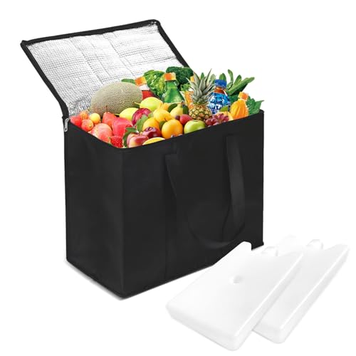Cooler Bag, Food Delivery Bag with Ice Box, 35L Large Insulated Bag with Zip, Foldable Cool Box, Insulated Bags for Picnic Camping Beach BBQ Shopping Food Delivery (41×33×26CM Black)