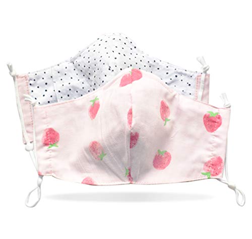 Triple Layered Fabric Face Mask with Filter Pocket Nose Wire Adjustable Ear Loops Washable Reusable (Adults, 2 Pack Cotton Strawberry)
