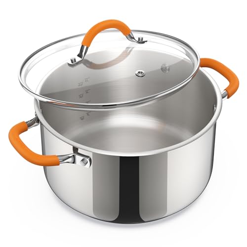 Ciwete Stainless Steel Stock Pot, 5.2 Quart Soup Pot with Lid, Heavy-Duty Thick Bottom Induction Cooking Pot for Pasta, Stew & Simmering, Even Heating, Compatible with All Cooktops, Dishwasher Safe