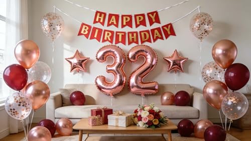 32nd Birthday Decoration for Women, Burgundy Rose Gold Happy 32nd Birthday Banner 32 Star Foil Balloons Confetti Balloons for Her Women 32 Years Old Party Supplies(32nd)