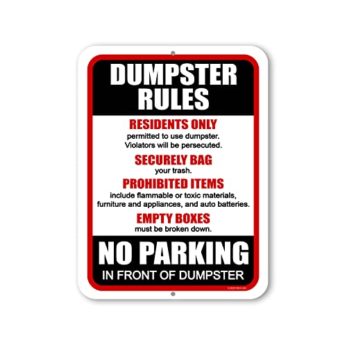 Honey Dew Gifts, Dumpster Rules No Parking in Front of Dumpster, 9x12 inch, Made in USA, Tinplate Sign, Simple, Functional, White