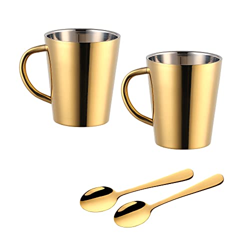 Juego de 2 tazas de metal de 300 ml con cuchara, de doble pared, aislantes, irrompibles, para café o té Cover