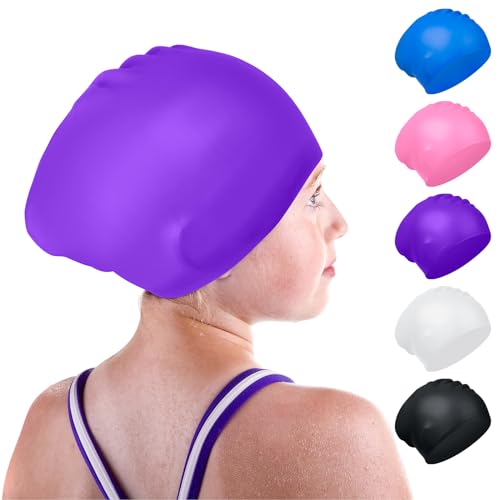 Waterproof Kids Swimming Cap, Silicone Kids Swim Caps for Boys and Girls, Stretchable and Comfortable Swimming Hats, Anti slip Swim Cap for Long Hair (Purple)
