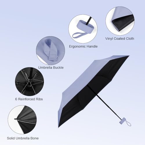Aolso Parasol podróżny - 6 żeber mini składany parasol przeciwsłoneczny UV, wiatroszczelna ochrona przed deszczem z etui na kapsułkę, przenośny rozmiar kieszeni dla mężczyzn i kobiet, Fioletowy, 6
