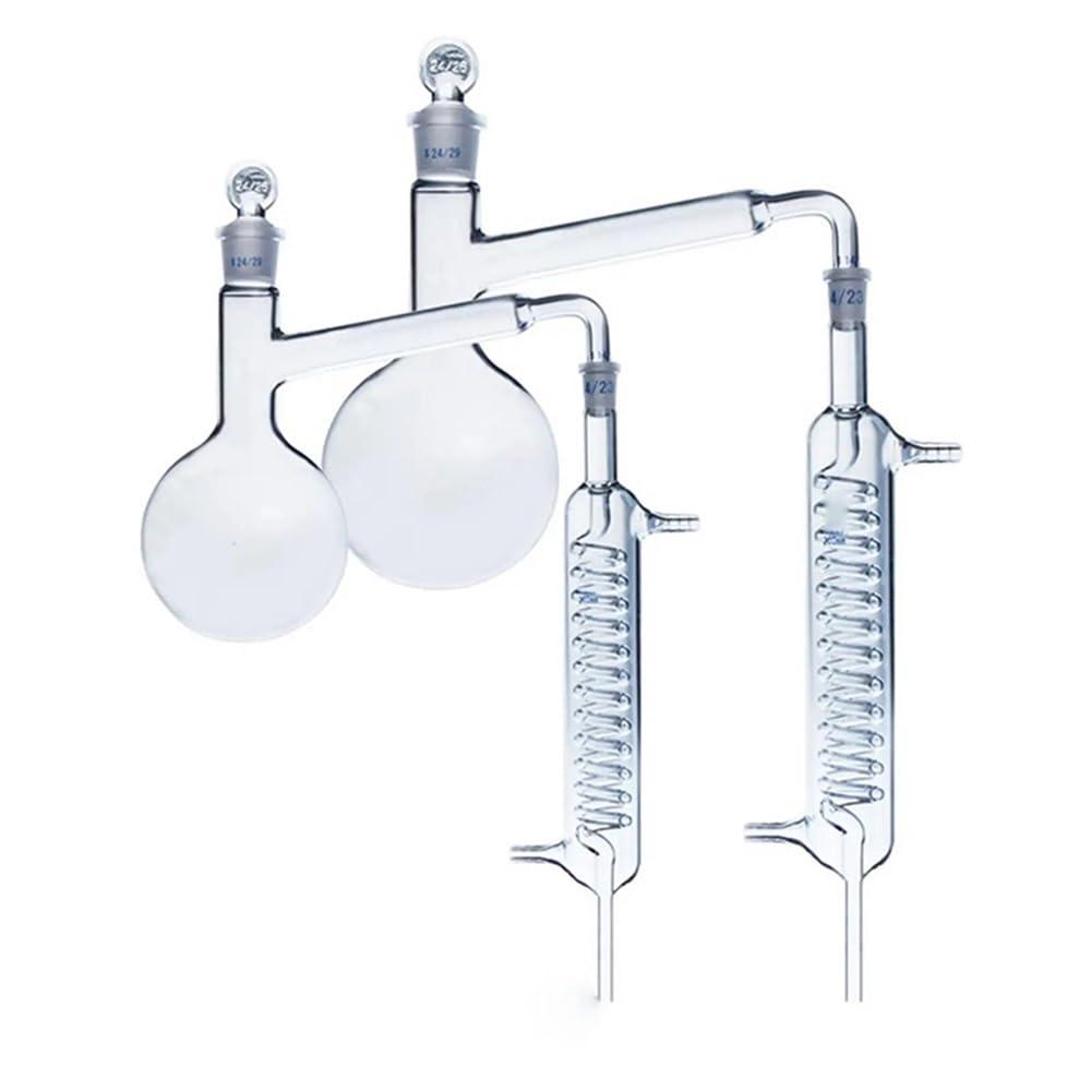 Equipos y suministros de laboratorio Matraz de fondo redondo 500 ml con condensador vidrio en espiral y tubo 20 mm diámetro