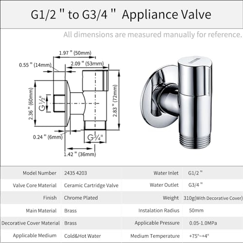 nomona Appliance Valve for Washing Machines,G1/2 Inch to G3/4 Inch Device Valve,Wall Mounted Thickness Soild Brass Angle Valve for Dishwashers,Water Valve with Backflow Preventer - Image 2