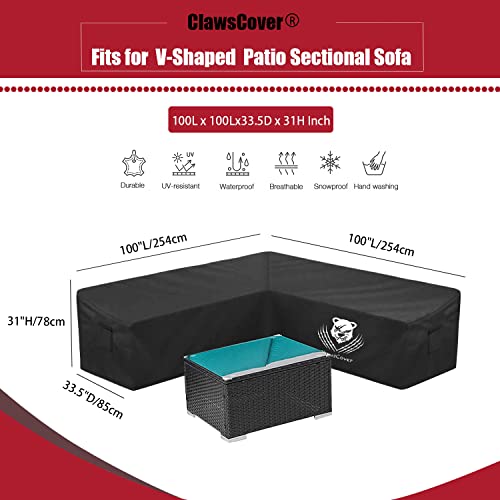 Clawscover V-Shaped Outdoor Patio Sectional Sofa Covers Waterproof Heavy Duty Rip-Stop Anti-Uv Oxford Cloth Patio Furniture Couch Cover Protector,6 Windproof Straps,Air Vent,100" L/100 Lx 32" Dx31 H #TOP1