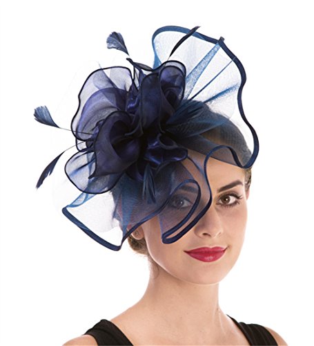 Fascinator Women's Organza Church Kentucky Derby British Bridal Tea Party Wedding Hat Summer Ruffle Hat(Hj2-Navy) - Thumbnail 2