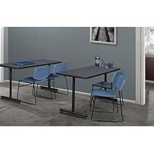 HomeStock Asian Fusion 30" Training Table in Grey with 2 Blue Zeng Stack Chairs Merging Modern Asian Influences with Functional Stackable Seating