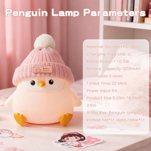 Image of FAMIDUO Penguin Night Light,Cute Pink Penguin Lamp with Hat,Kids Room Decor | Safe Silicone Nursery Nightlight ,Rechargeable /Dimmable /Timer LED Squishy Animal Bedside Touch Lamp,Funny Gift for Girls