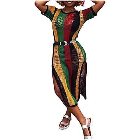 Womens Round Neck Short Sleeves Colorful Stripe Side Split Fishnet Cover up Dress Floral Medium Cover