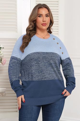 TIANZHU Plus Size Sweater for Women Colorblock Long Sleeve Crewneck Casual Loose Pullover Shirt Fall Top3