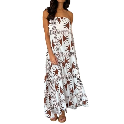 Robe d'été Bustier Tubulaire sans Bretelles pour Femmes, imprimé de Fruits, Robe Longue balançoire-Marron Clair-S