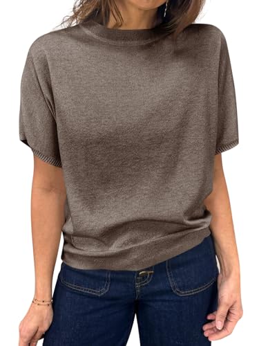 Saodimallsu Womens Short Sleeve Sweater Casual Basic Crew Neck Loose Knit Pullover Tops Summer Lightweight Blouses Coffee