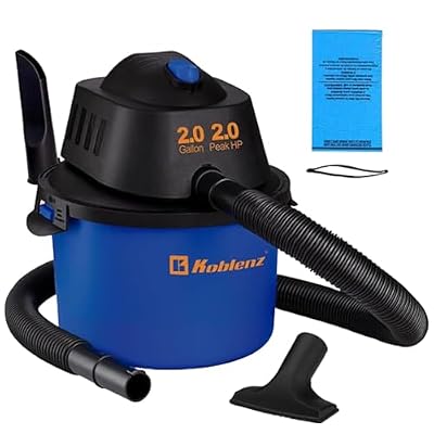 Koblenz Wet Dry Vacuum Cleaner, 2 Gallon 2.0 PHP, 60 CFM, 10 ft Reach, Twist-N-Lock Hose, Small Shop Vac, Portable Shop Vac for Home Car Garage Workshop, Accessories Included, Blue/Black, WD-2L