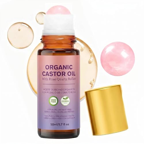 Organic Castor Oil Roll On with Rose Quartz Roller, 100% Cold Pressed Organic Castor Oil, Hexane-Free, Multi-Use for Face, Body, Hair & Eyebrows, Leaves Skin Soft, Smooth & Hydrated, 1.7 fl oz