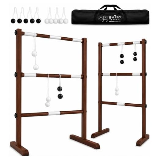 SWOOC Games - Wooden Ladder Ball Game Set (Weather Resistant) - 10 Games Included & Carrying Case - Easy, No Tool Set Up - Ladder Toss Outdoor Game - Indoor Ladderball - Hillbilly Ladder Golf Balls