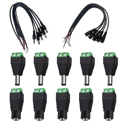 Lot de 5 adaptateurs de prise d'alimentation et de prise 12 V CC - Comprend 5 connecteurs mâles et femelles avec 10 câbles d'alimentation CC - Compatible avec bandes lumineuses LED et caméras de