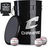 CHAMPRO CBB-200D Full Grain Leather Cover Baseballs with Cosmetic Blem in a Black Bucket – 30 Balls