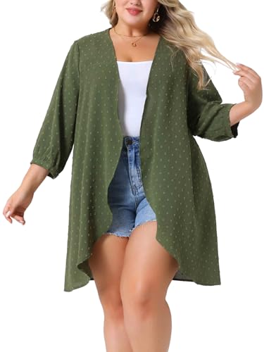 Image of Agnes Orinda Plus Size Cardigan for Women Open Front 3 /4 Sleeve Swiss Dots Lightweight Casual Cover Up
