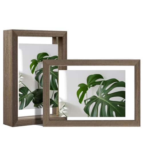Egofine 4x6 Floating Frames Set of 2, Double Plexiglass Picture Frame, Made of Solid Wood Display Any Size Photo up to 4x6, Wall Mount or Tabletop Standing, Brown