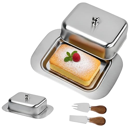 17 9 X 12 2 X 6 7 Cm Butterdose Edelstahl Buttergefäß Mit 2 edelstahlverarbeitet Käse Messern Butterglocke Aus Edelstahl Praktische Butterdose Für Küche Und Tisch