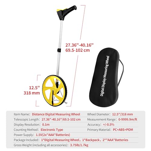 RAINLEOTI Measuring Wheel Digital Display,12.5\" Rolling Measure Wheel in Feet/Meter,Digital Distance Measurement Wheel with Backlit Display High-Precise 5 Data Store with Portable Cloth Backpack
