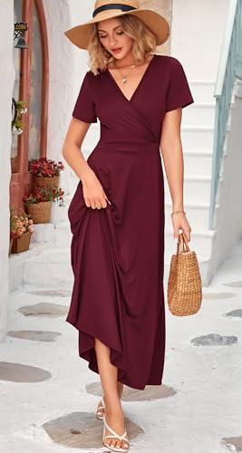 Image of WNEEDU Women's Summer Maxi Dress Short Sleeves Wrap V Neck Long Dresses with Pockets