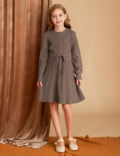 GRACE KARIN Girls Sweater Dress Fall Winter Long Sleeve Kids Fashion Drawstring Waist Cable Knit Dresses Size 5-123