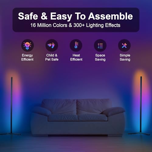 Image of Corner Floor Lamp - 57'' Tall RGB Lamp with Music Sync, 16 Million Colors, 88 LED Dual RGB White, Voice & App Control Mood Light with Timer & Remote for Gaming, Bedroom & Living Room