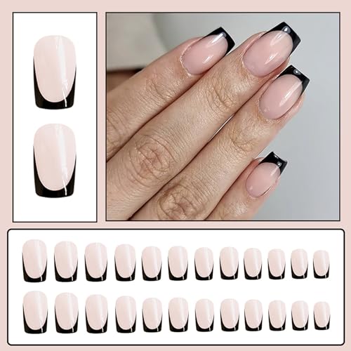 24Pcs Fake Nails, Press - On False Nails, Short To Medium Square Shape, Black Edge and Nude Pink, Black French Nail, Reusable Nails - Image 4