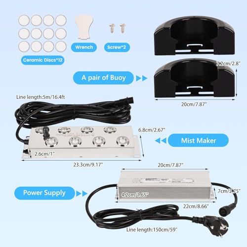 MOGOULUA Nebelmacher 8 Kopf Ultraschall Nebelgerät 6L/H mit 350W Wasserdichtem Netzteil Schweres Nebelgerät Innenhof Nebel Luftbefeuchter Teich Nebelgerät für Gartenbau Gewächshauslandschaft