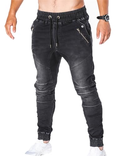 ZH8FCHAN Men's Drawstring Waist Flap Pocket Jogger Cargo Pants Carrot Denim Jeans with Pocket (Black 1,XXL)