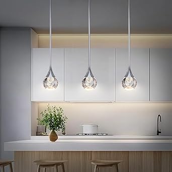 Crystal Pendant Light - Elegant LED Chandeliers Ceiling Fixture for Kitchen Islands, Dining Rooms, Bedroom, and Bar - Adjustable Height Raindrop Light, Silver Finish [Energy Class G]