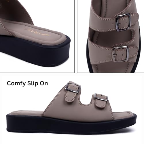 Image of TRASE Sandals For Woman | Slippers For Woman | Flats | Casual Double Strap Sliders Sandal With Adjustable Ankle Strap | Women Sandals | Comfortable | Lightweight | Women Footwear