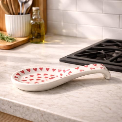 Image of Handcrafted Ceramic Spoon Rest, Kitchen Counter Spoon Holder for Cooking Utensils, Ladle & Spatula Rest, Heat Resistant Kitchen | Spoon Rest for Kitchen & Dining (Red Hearts)