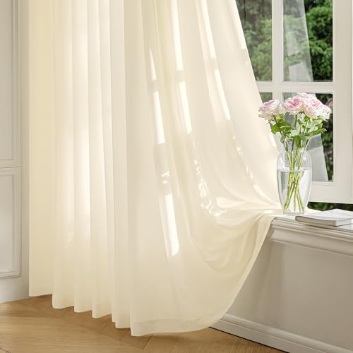 Image of FMFUNCTEX Cream Sheer Curtains, 108 Inch, Rod Pocket, 2 Panels for Bedroom | Extra Long Semi Sheer Airy Drapes,Faux Silk That Let Light, Non-See-Through Light Filtering Privacy for Bedroom &Living Room