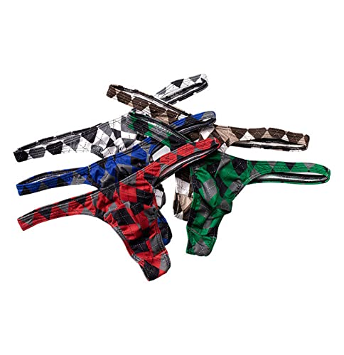 Faringoto Men's Briefs Fashion Sexy Thong Ice Silk Underwear Soft Breathable Plaid Bikini Low Waist Underwear Plaid G-string Pants(5 Pack)