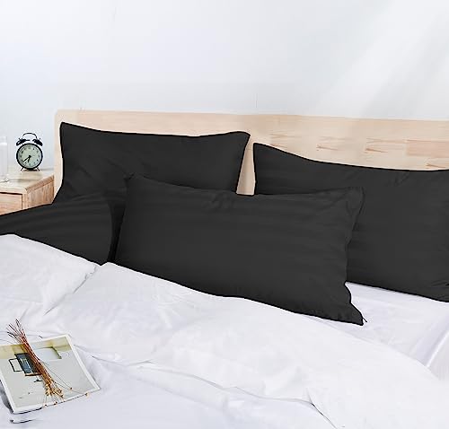 Image of 100% Egyptian Cotton Pillow Protectors Set of 2, 600 Thread Count Standard Size Bed Pillow Cases with Zipper, Sateen Weave Cooling Pillow Cases Quiet and Breathable Easy Care (2PCS, Striped Black)