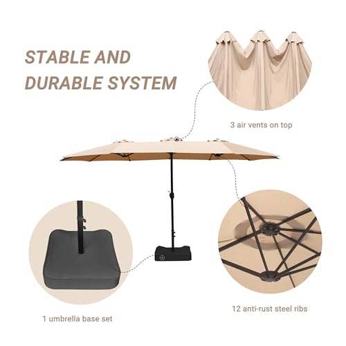 Bigroof 15ft Double-Sided Patio Umbrella Twin Extra Large Umbrella with Crank Handle & Umbrella Base for Garden Market Pool Backyard (Beige) by Bigroof - Used condition - Image 6