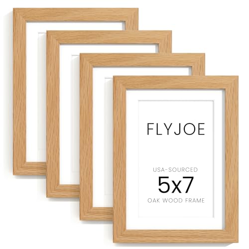 Image of FLYJOE 5x7 Oak Wood Picture Frame with Mat for 4x6, 5 by 7 USA-Sourced Natural Solid Wooden Photo Frame for Wall & Tabletop Display, Shatterproof Plexiglass, 4 Pack, Natural