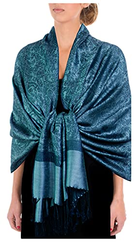 Sakkas Paisley Self-Design Shawl/Wrap/Stole - Turqoise/Black paisley