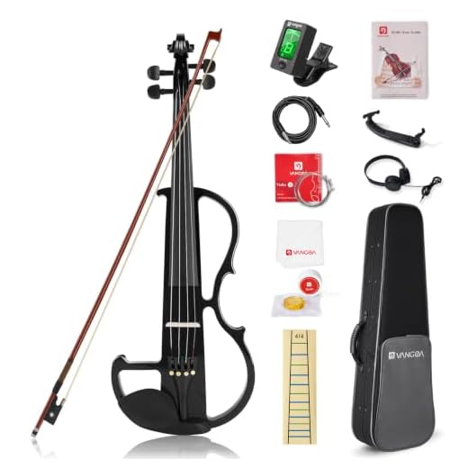Vangoa Electric Violin Full Size 4/4, Black Silent Electric Violin, Solid Wood Metallic Electric Fiddle with Ebony Fittings, Beginner Kit for Adults Teens