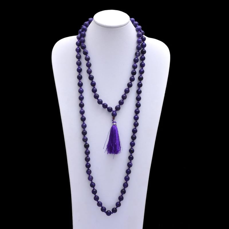 Collar natural AAA azul charoita Japa Mala, cuentas de oración Mala, 108 piedras preciosas de cianita Mala, Mala budista, Mala anudada a mano de 6 mm