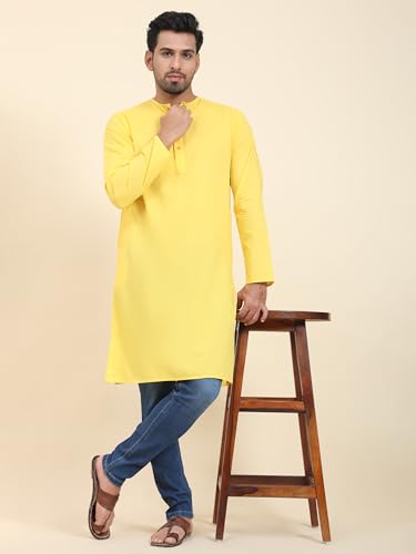 Image of Amazon Brand - Anarva Men's Cotton Solid Round Neck Kurta Long Sleeves Straight Knee Length Casual Shirt